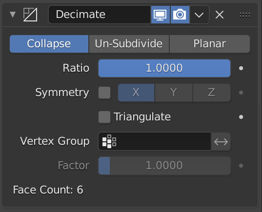 Blender's Decimate modifier panel in Collapse mode