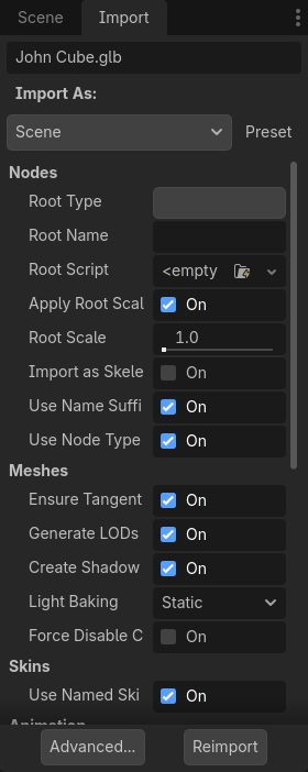 Godot's Import dock for a 3D scene